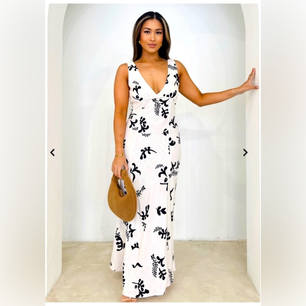 Linen Blend Black White Leaf Print Maxi Dress M
